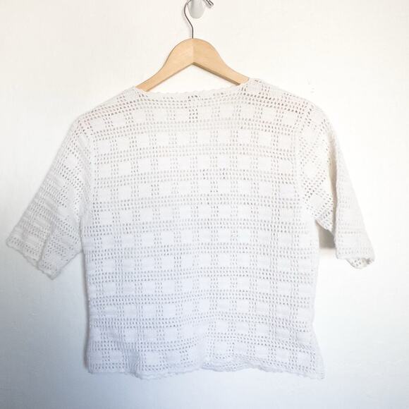 Crochet Knit Short Sleeve Cardigan J.Jill Cottage Button Medium Ivory Boho - Picture 4 of 6